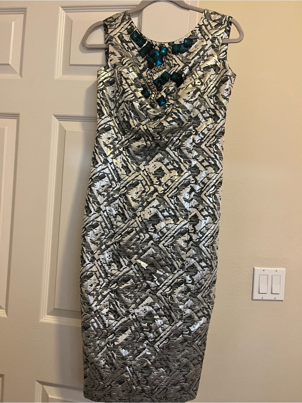 RACHEL Rachel Roy Silver Metallic Sheath Dress with Teal Embellishment